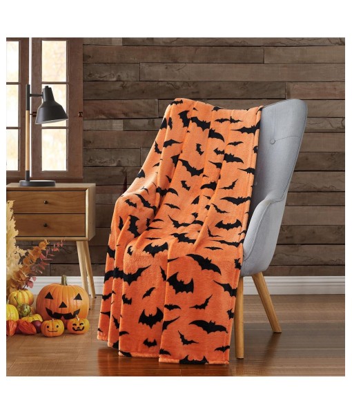 Halloween Spooky Bats Pumpkin Orange & Black Ultra Soft & Plush Oversized Accent Throw Blanket - 50 in. W x 70 in. L